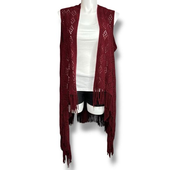 Maurices Womens Long Open Front Sleeveless Crochet Cardigan Duster Fringe Boho - Picture 1 of 6